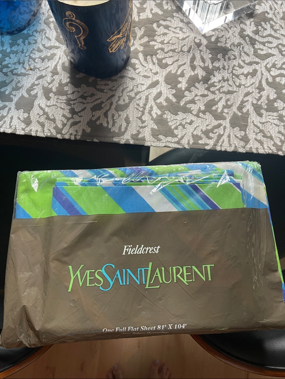Yves Saint Laurent Bright Green Blue Striped Bedding Sheet Set